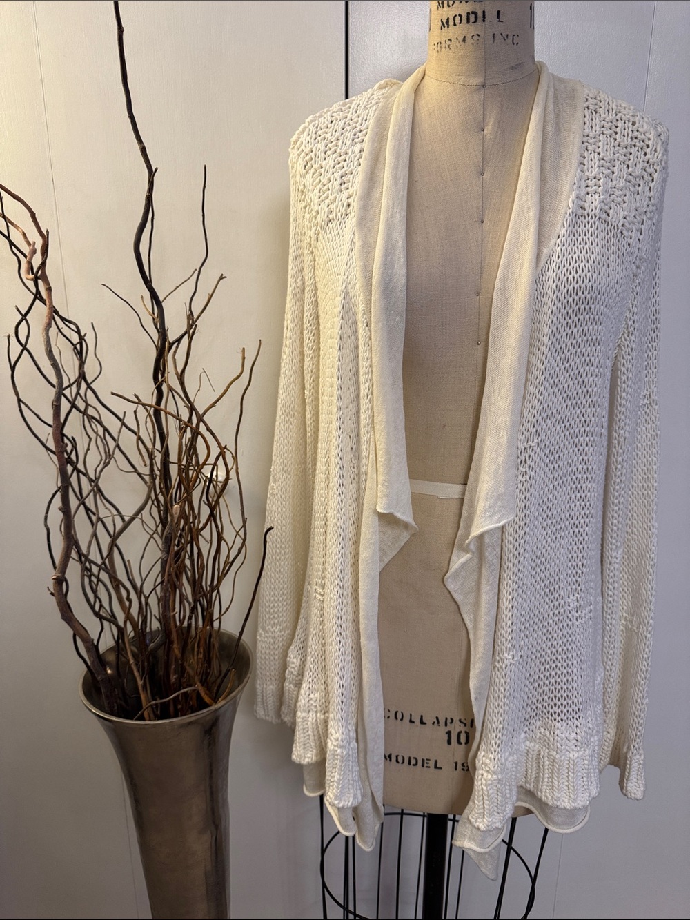Chico's Cream Open-Front Draped Knit Cardigan